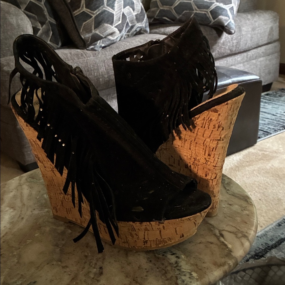 Hot Tomato Black Fringe Cork Wedges